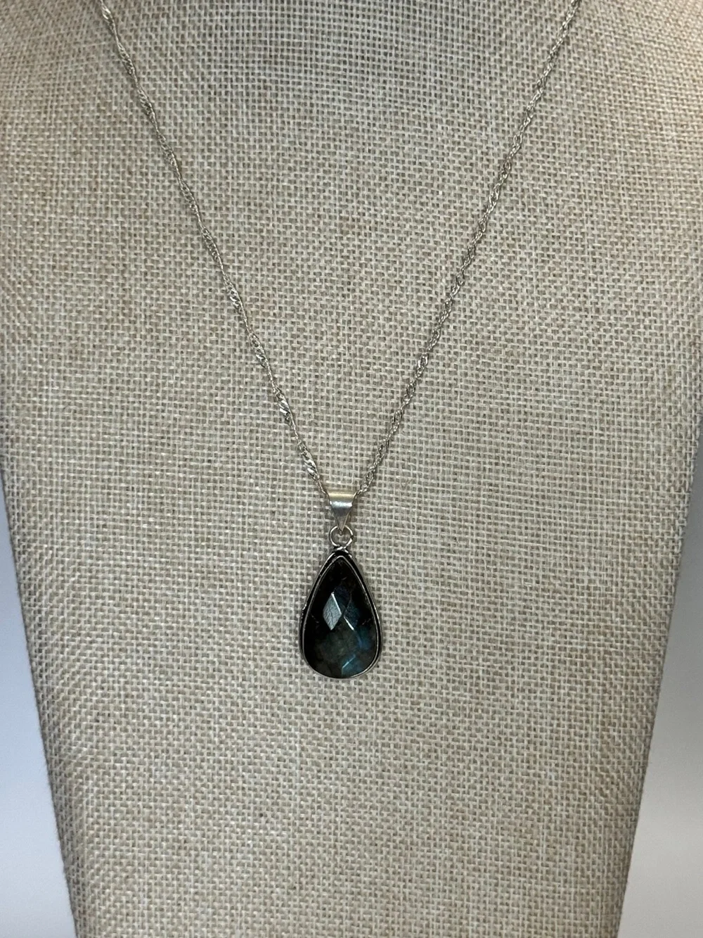 Faceted Labradorite 925 Sterling Silver Teardrop Pendant Necklace 26” NWOT
